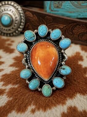 Gorgeous Turquoise Ring With Large Orange Spidy Teardrop Set In Sterling Silver